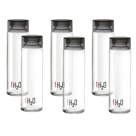CELLO H2O Glass Fridge Water Bottle with Plastic Cap Set of 6, 920ml ...