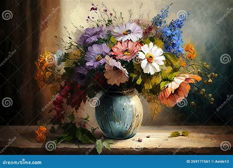 Still Life Bouquet Of Colorful Flowers In A Vase. Impressionist Vintage ...