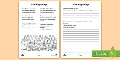 New Beginnings Poem Worksheet - Twinkl
