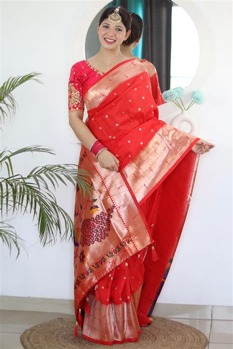 Fantabulous Red Paithani Silk Saree With Incomparable Blouse Piece ...