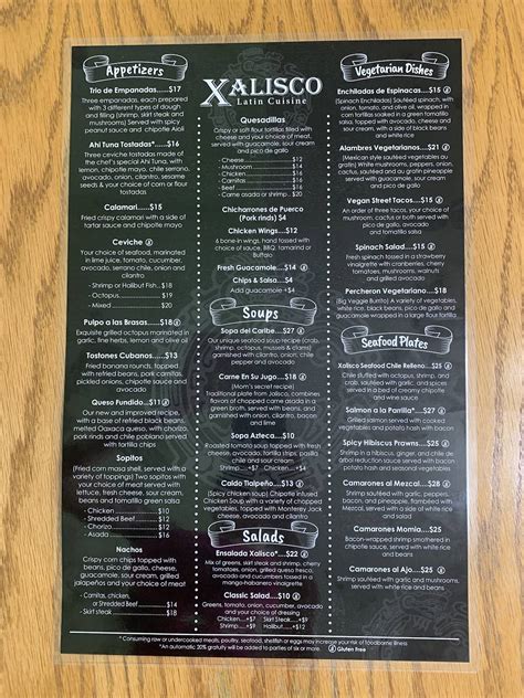 Menu at Xalisco Latin Cuisine restaurant, Redmond