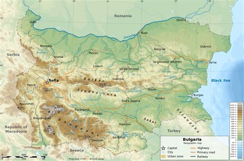 Detailed physical and road map of Bulgaria. Bulgaria detailed physical and road map | Vidiani ...