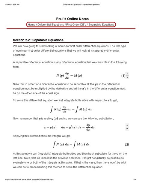 Differential Equations - Separable Equations - Paul's Online Notes Home ...