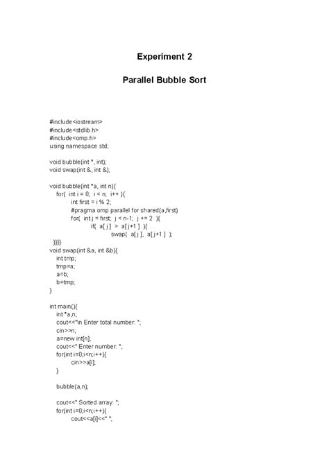 Hpc 2 - Experiment 2 Parallel Bubble Sort #include #include - Studocu