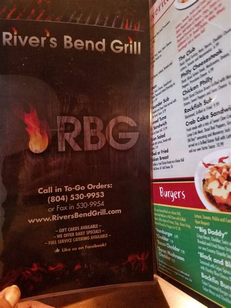 Menu at River's Bend Grill restaurant, Hopewell