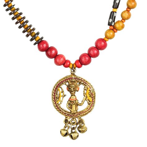 'Tribal Men Beaded' Warli Hand-painted Bohemian Brass Necklace Handcra ...