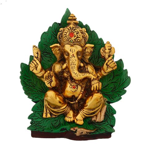 Golden Sitting Lord Ganesha on Green Throne Metal Decorative Showpiece ...