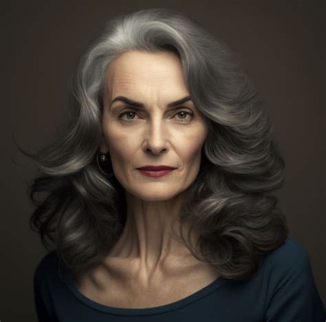 Mature Caucasian woman with thick, voluminous, grey hair, natural ...