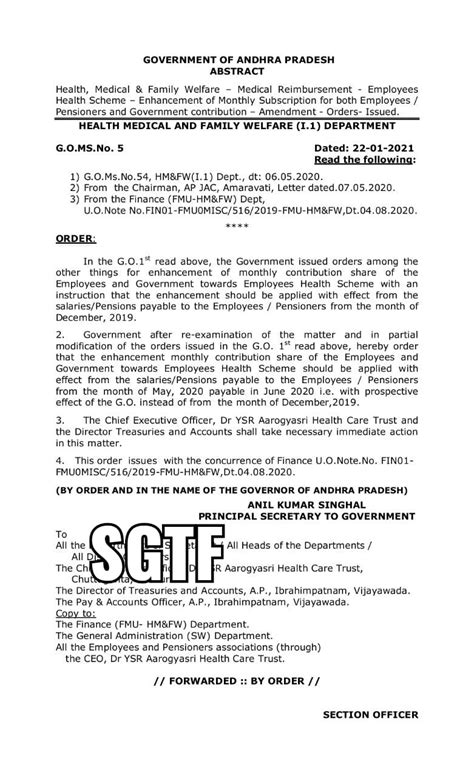 G.O.MS.No. 5, Dt.22.01.20201- Employees Health Scheme – Enhancement of ...