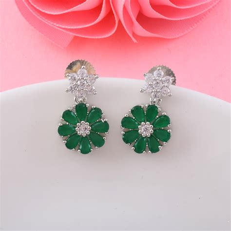 Green Color American Diamond Earrings For Casual And Festive Day Use ...