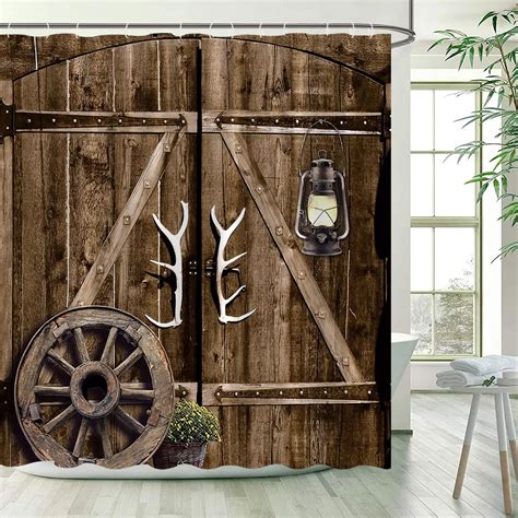 Vintage Wood Plank Shower Curtain Rustic Farm Barn Door Wooden Wheel ...