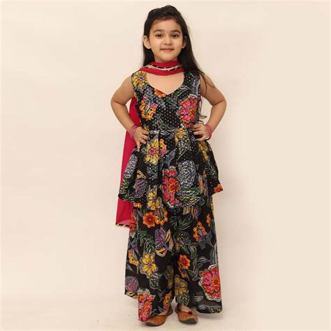 Black Floral Print Cotton Kurta With Sharara and a hot pink dupatta ...