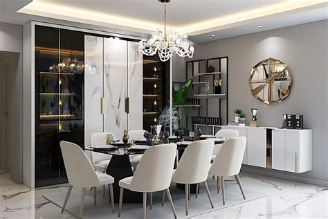 Contemporary White 6-seater Dining Room Design With Black Frosted ...
