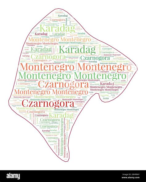 Montenegro shape filled with country name in many languages. Montenegro map in word cloud style ...