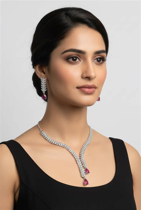 Luxury Ruby Red & American Diamond V-Shape Lariat Necklace Set – OMID ...