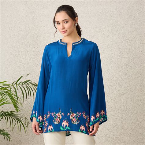 Prussian Blue Peacock Floral Printed Hand-Embroidered Top – First ...