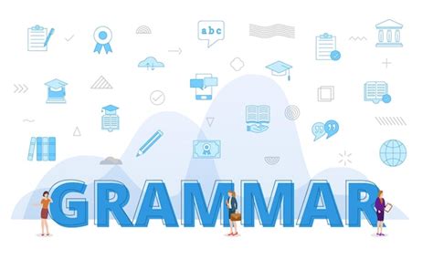 Grammar concept with big words and people surrounded by related icon ...