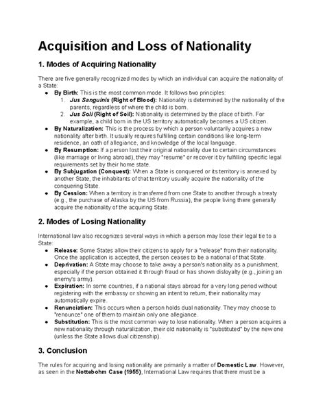 Acquisition and Loss of Nationality: Modes Explained - Studocu