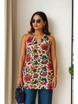 Buy Kaori By Shreya Women’s Printed Halter Neck Short Tunic- Off White ...