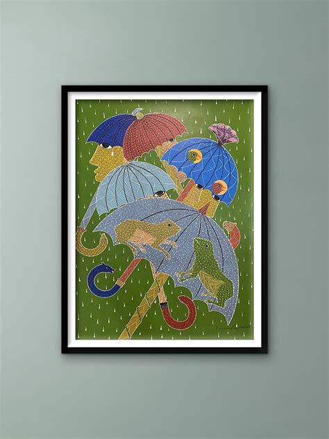 Caught in Rain: A Monsoon Gond Painting by Venkat Shyam