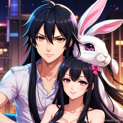 Anime Character with Bunny Ears on Male's Lap | Stable Diffusion Online