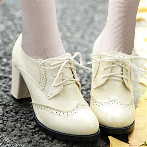 Women's Vintage Oxford Heels – Lace-Up Brogue Chunky Heel Dress Shoes ...