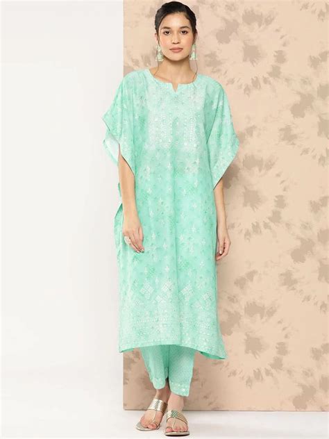 Buy Sea Green Printed Silk Blend Kaftan Kurta With Trousers Online at ...