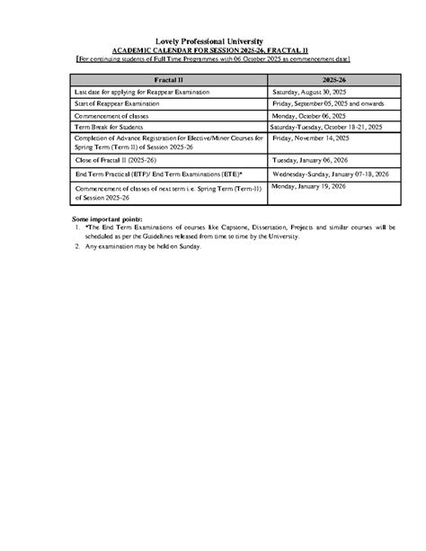 LPU Academic Calendar for Session Fractal II (2025-2026) - Studocu