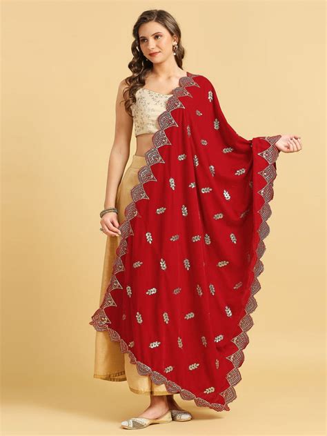 Scalloped Velvet Dupatta with Gold Embroidery Dupatta Bazaar
