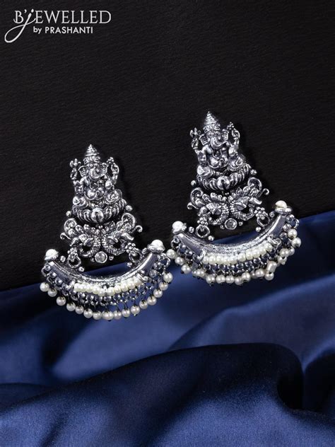 Oxidised Earrings ganesha design with cz stones and pearl hangings ...