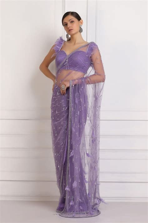 Purple Crystal and Sequin Embellished Net Saree – Pooja Peshoria