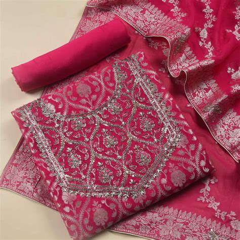 Pink Georgette Woven With Embellished Unstitched Suit Fabric Set With ...