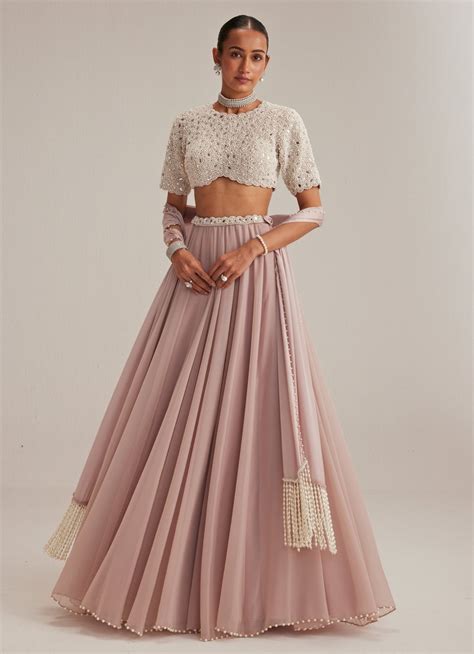 Ash Pink Georgette Skirt With High Neck Blouse And Stole - Vvani by ...