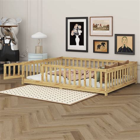 Latitude Run® Full Size Floor Bed With Slats And Fence, Solid Wood ...