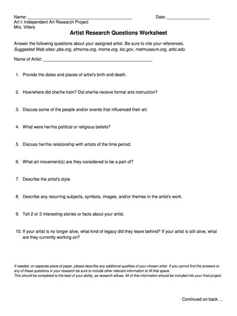 Fillable Online Artist Research Homework Sheet (Made by Miss Allen)Art ...