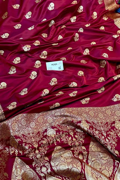 Rust Maroon Golden Flower Katan Silk Banarasi Saree – Mohsin Textiles