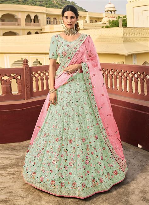 Shop Sea Green Organza Swarovski Work Lehenga Choli – Gunj Fashion