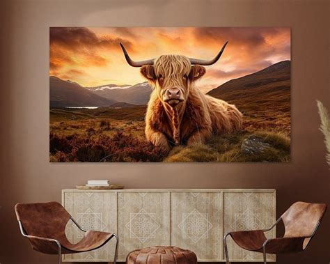 Scottish Highlander cow at sunset by Vlindertuin-Art on canvas, poster ...
