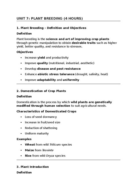 Unit 7: Plant Breeding - Lecture Notes for Theory Exam (4 Hours) - Studocu