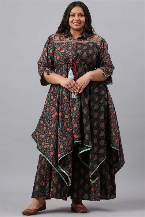 Black Cambric Festive Wear Printed Asymmetric Clothing Set – Trendphoria