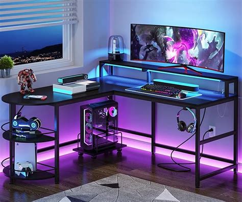 Tribesigns Gaming Desk with LED Strip & Power Outlets, L Shaped ...