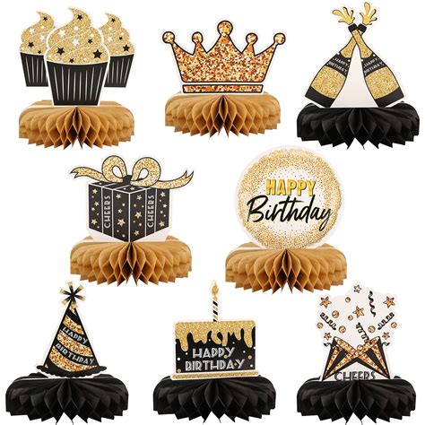 Buy 8 Pieces Happy Birthday Party Decorations Black and Gold Birthday ...
