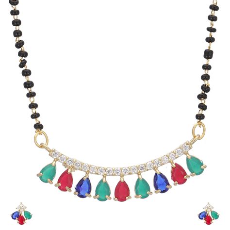 Buy ZENEME Mangalsutra Gold Plated Pear Shaped Soitare Style Red Blue ...