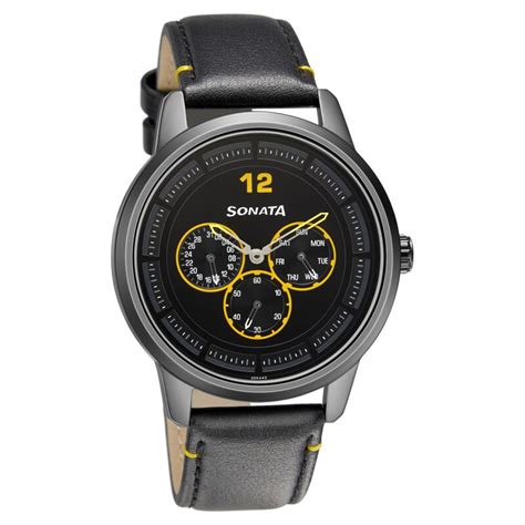 Buy Online Sonata Quartz Analog Black Dial Leather Strap Watch for Men ...