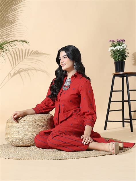 SHOWOFF Women's Geometric Anarkali Red Kurta and Trousers
