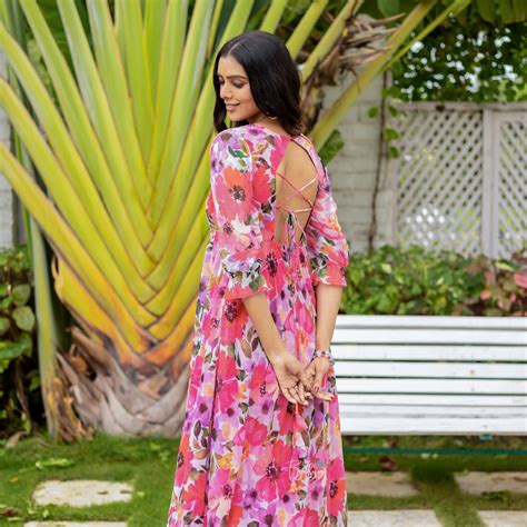 Blossom Pink Floral Georgette Maxi Dress – Byutify.in