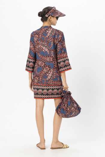Buy Blue Linen Keyhole Neck Deniz Shift Dress For Women by SOBARIKO ...