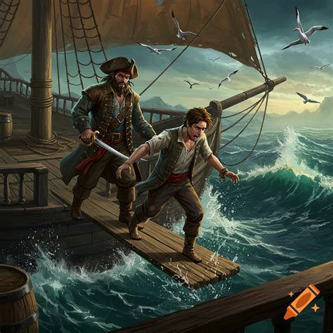 A pirate is making a man walk the plank on a ship. on Craiyon