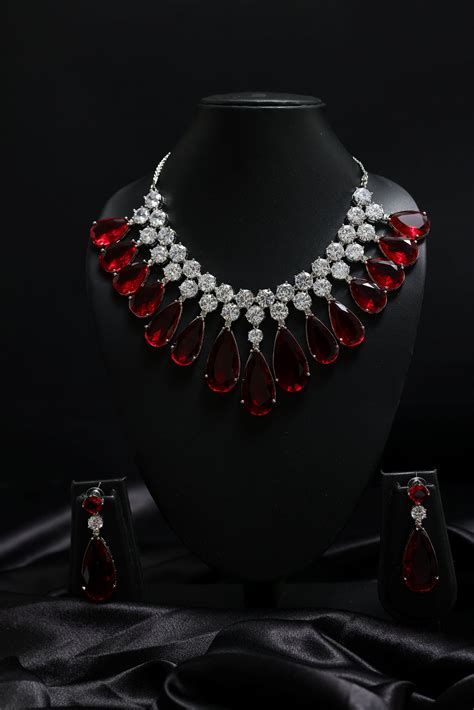 Sparkling Ruby Statement Tear Drop with Diamond Cluster Necklace Set ...