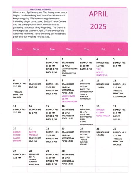 Bridgewater Legion Branch No. 24 - April 2025 Calendar